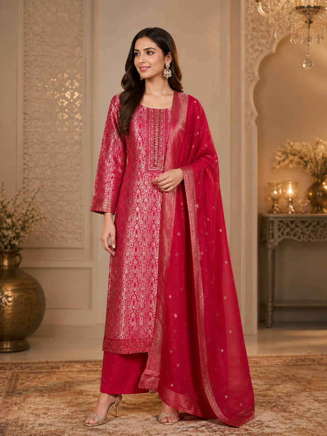 Rani Pink Floral Woven Design Banarasi silk Salwar Suit